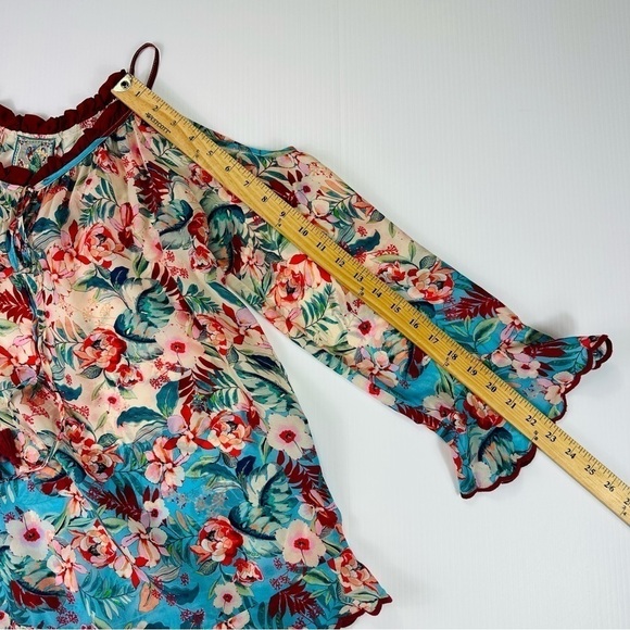 JOHNNY WAS Sz S Top Blue Floral Print Cold Shoulder - Picture 9 of 13